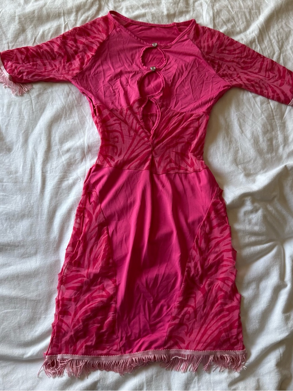 Fitted Hot Pink Keyhole Fringe Dress